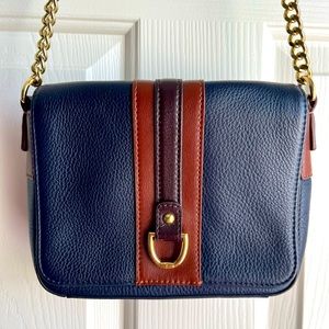 Talbots Crossbody Genuine Navy Brown Leather Gold Chain